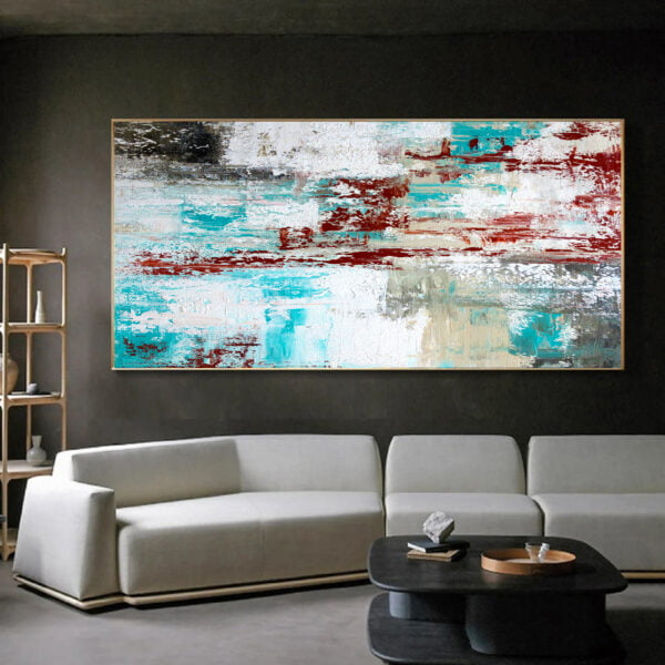 Extra large abstract painting Cyan, White and Red wall art