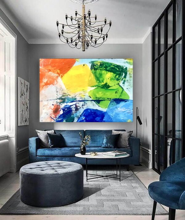 Large Abstract Painting Blue, Green, Orange And Yellow Wall Art